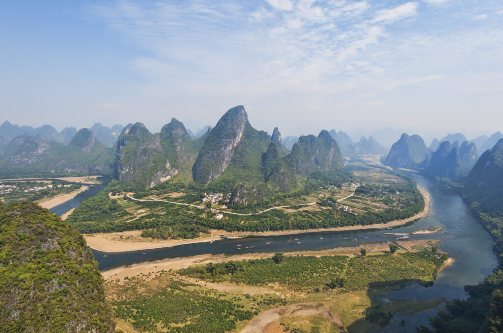 Li River winding through limestone karst peaks near Guilin, Guangxi