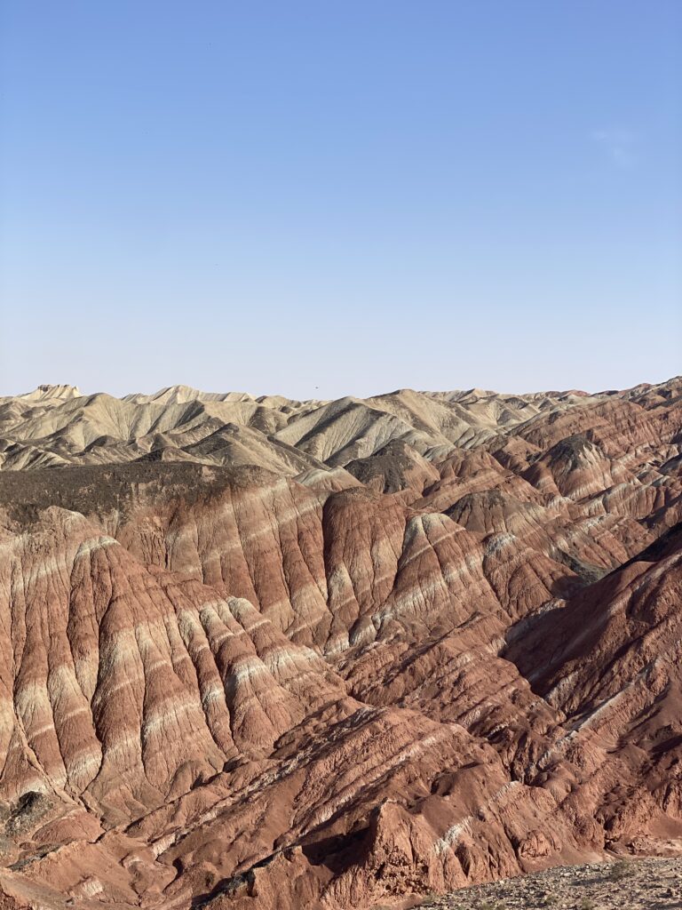 Layered red and ochre Danxia hills near Zhangye in Gansu