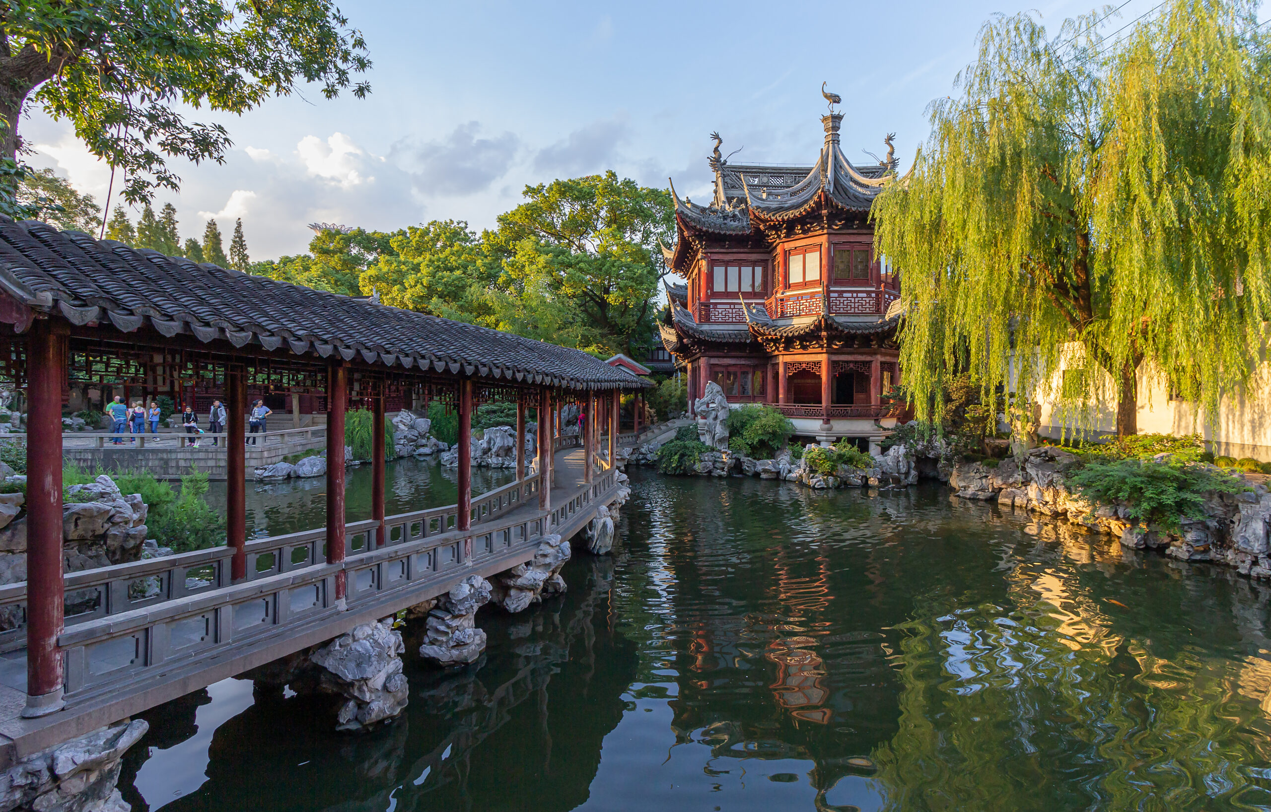 Traditional pavilions and a pond inside Yu Garden in Shanghai