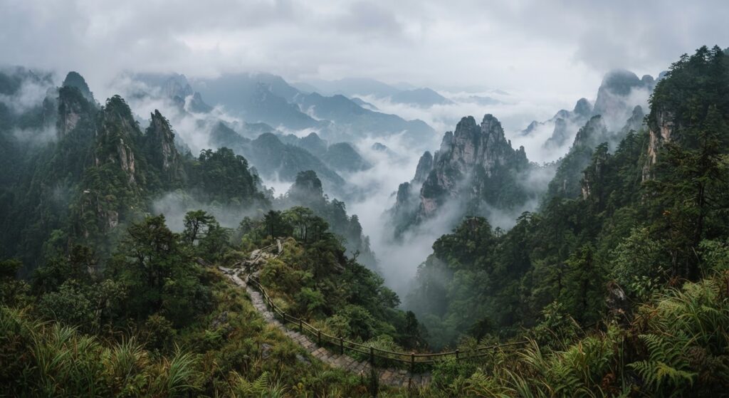 Misty forested mountains and deep valleys in China