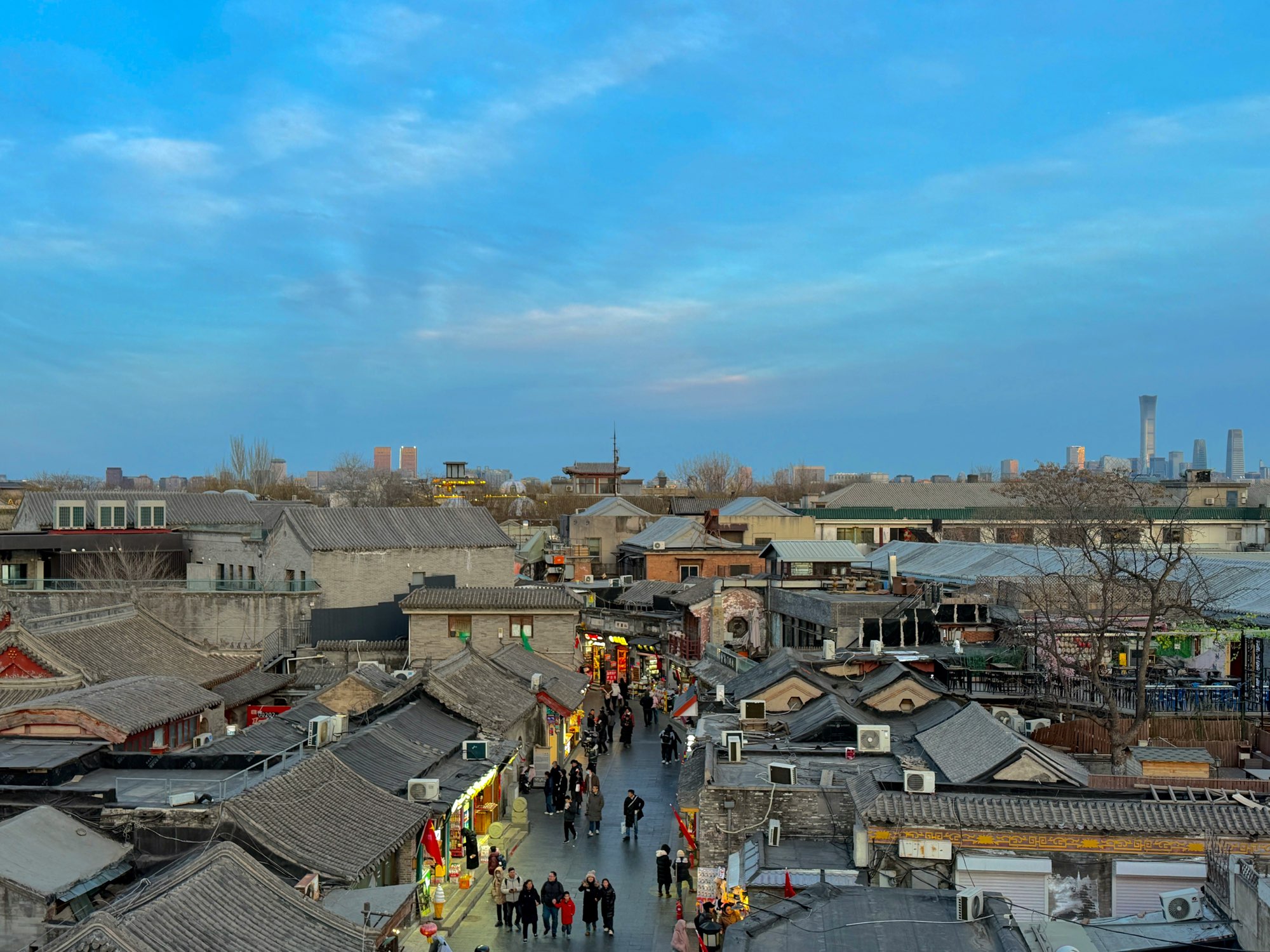 Beijing hutong rooftops with the modern skyline beyond